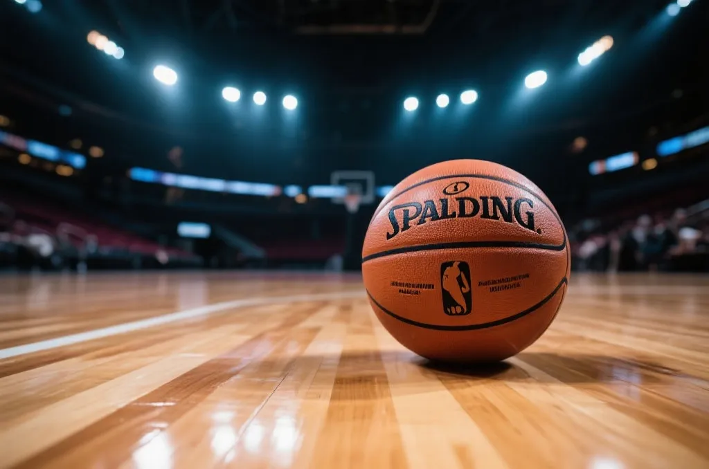 A professional basketball resting on a polished hardwood court with bright stadium lighting in the background